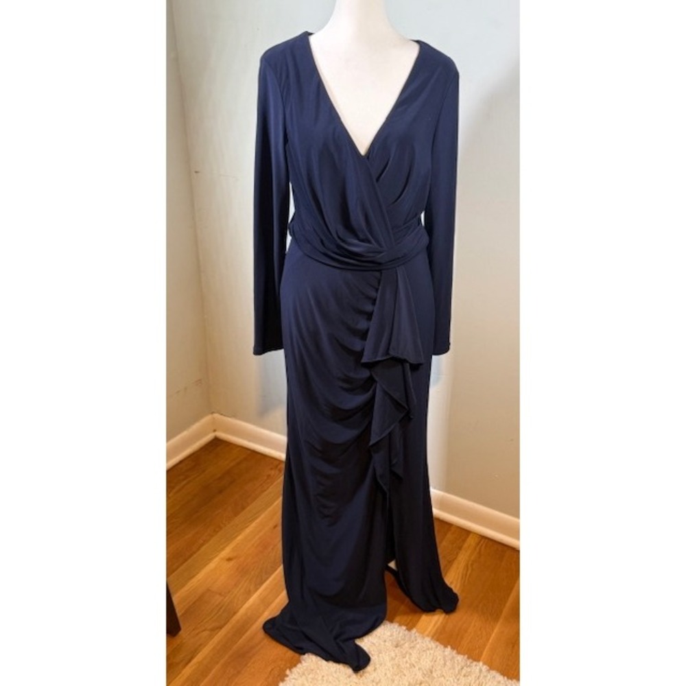 Betsy Adam Navy Faux Wrap Ruffle Formal Gown Size 8 Long Sleeve Floor - Picture 2 of 8